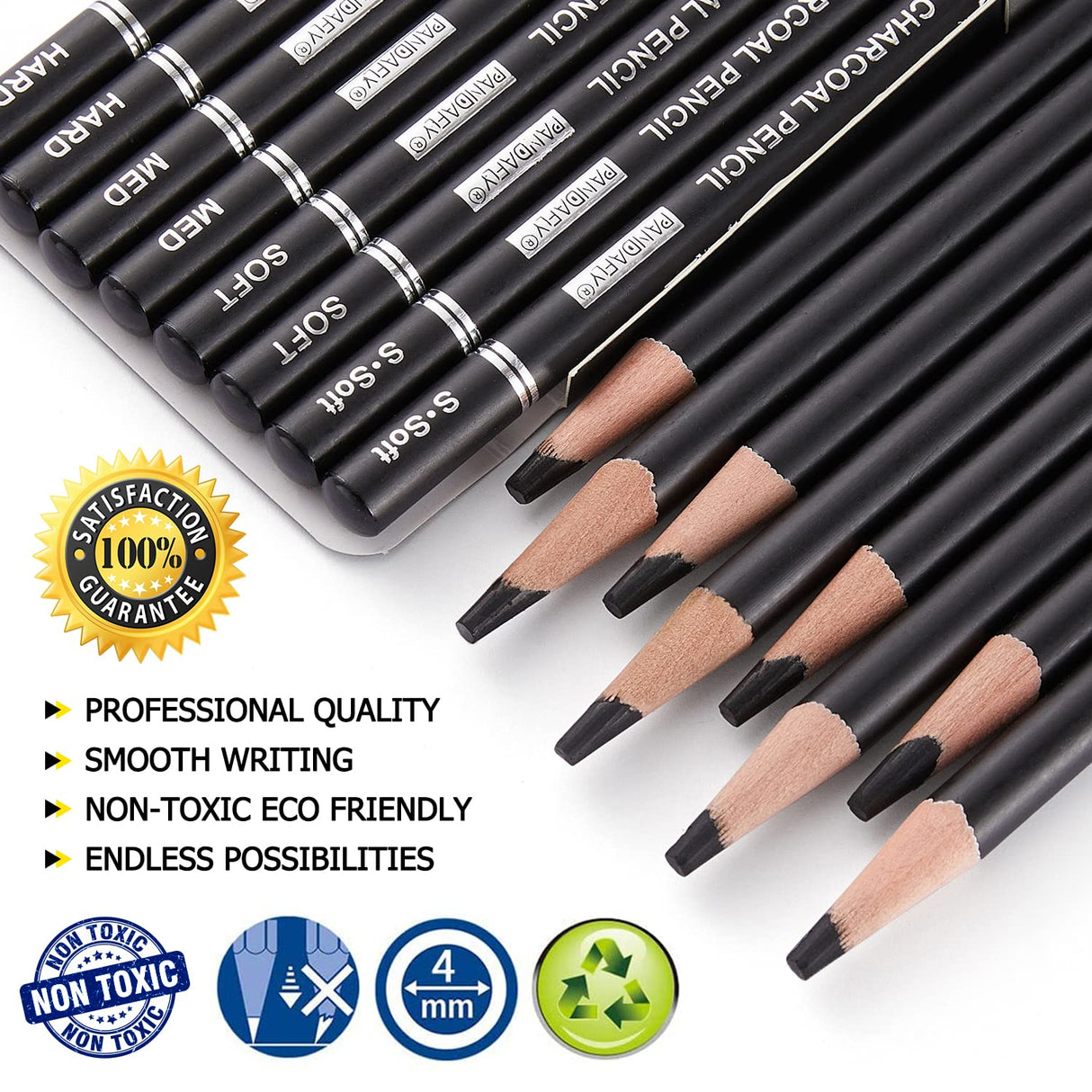 PANDAFLY Professional Charcoal Pencils Drawing Set - 8 Pieces Super Soft, Soft, Medium and Hard Charcoal Pencils for Drawing, Sketching, Shading, PANDAFLY