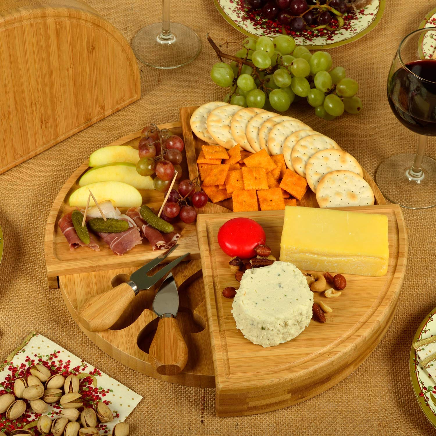 Picnic at Ascot Patented Personalized Monogrammed Engraved Bamboo Cheese/Charcuterie Board with Cheese Knives- Designed & Quality Checked in The USA Picnic at Ascot