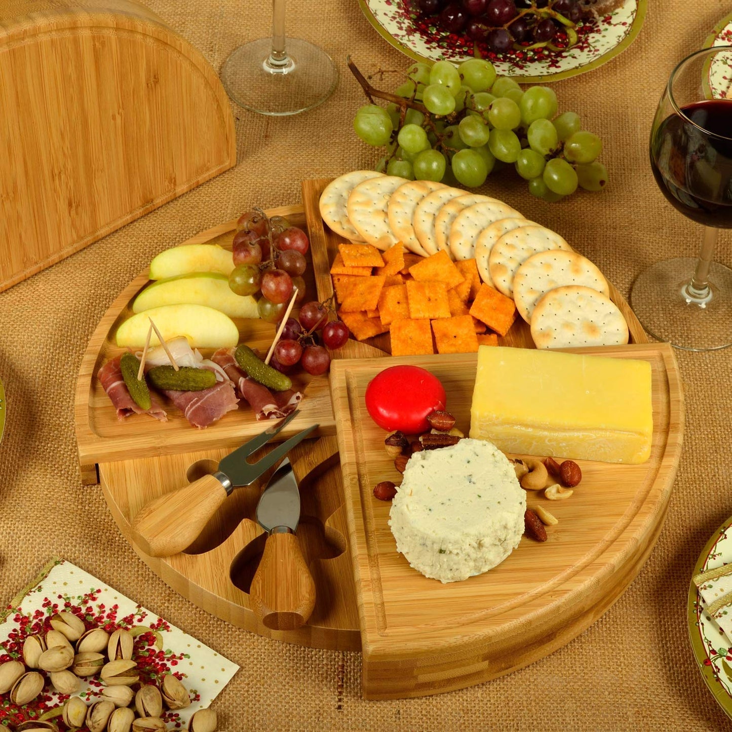 Picnic at Ascot Patented Personalized Monogrammed Engraved Bamboo Cheese/Charcuterie Board with Cheese Knives- Designed & Quality Checked in The USA - WoodArtSupply