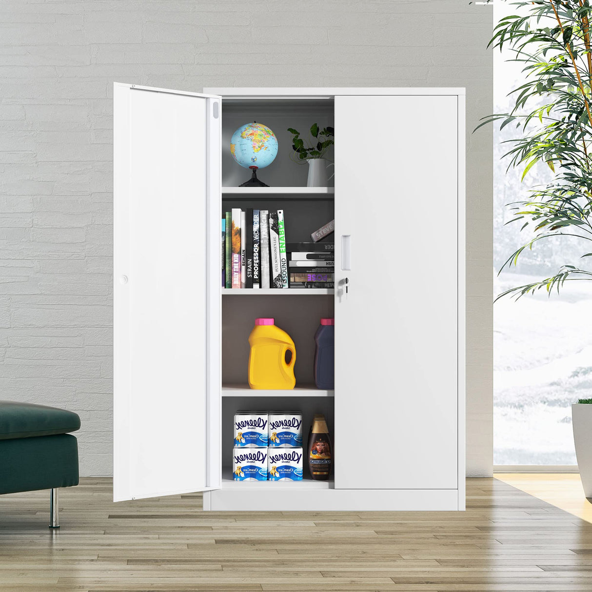 JINKUR Metal Storage Cabinet with Locking Doors and 3 Adjustable Shelves, 53.5-Inch Lockable Storage Cabinets for Home Office Garage Kitchen Pantry JINKUR