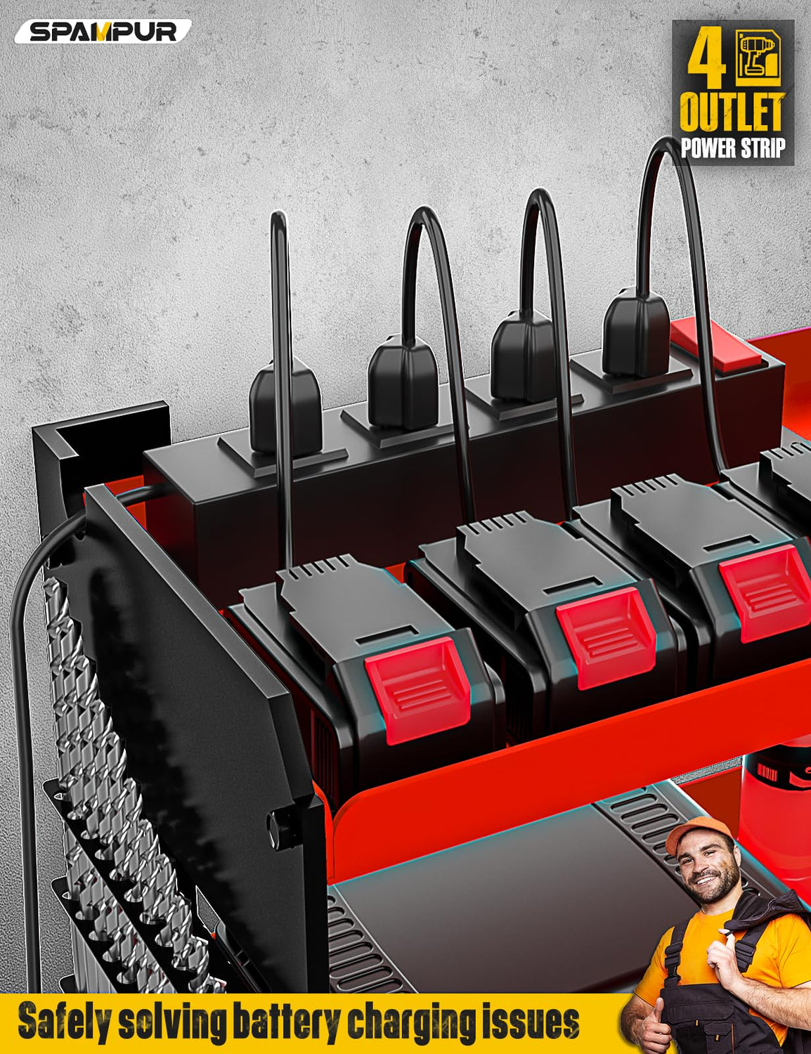 Spampur Power Tool Organizer with Charging Station, 6 Drill Holders Wall Mount, Heavy Duty Metal Premium Garage Tool Shelf, Gift for Man Cordless Spampur