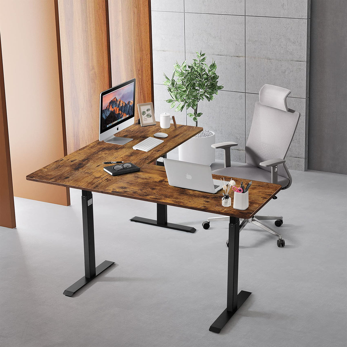 UNICOO – L Shaped Crank Height Adjustable Standing Desk, Sit to Stand up Corner Desk, L-Shaped Standing Workstation (Black Frame/Rustic Brown Top- L UNICOO