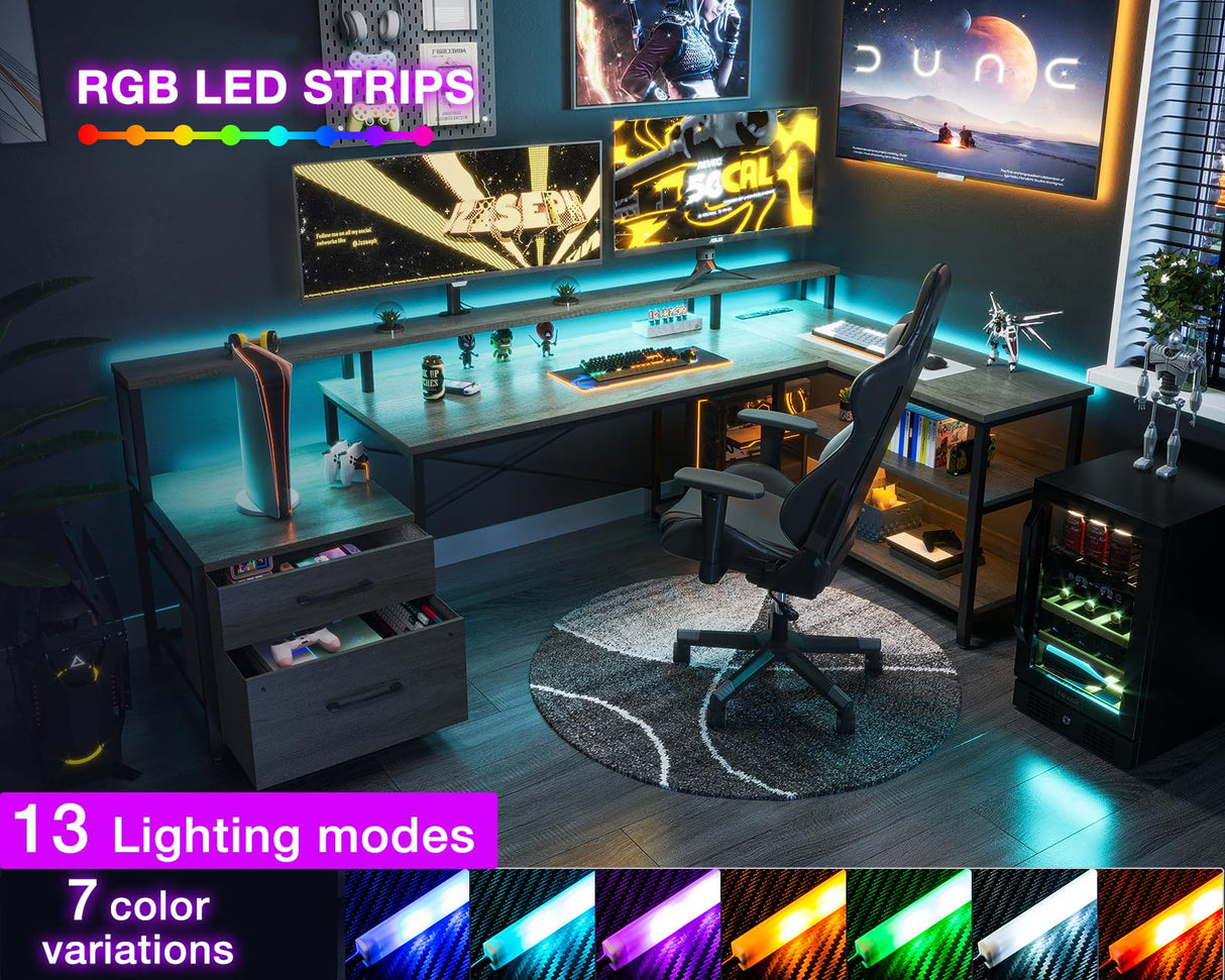 ODK 75" Reversible L Shaped Desk with LED Lighting, Power Outlet & Ample Storage ODK