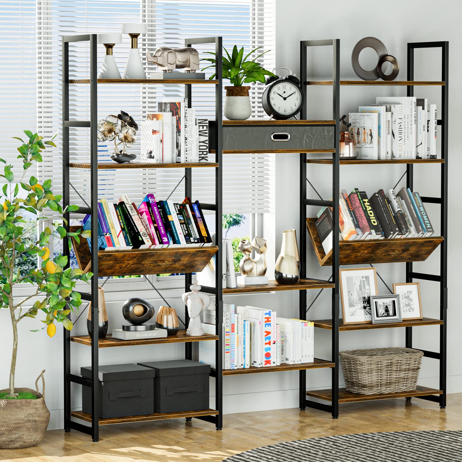 NUMENN Adjustable 5-Tier Triple Wide Rustic Industrial Bookshelf - WoodArtSupply