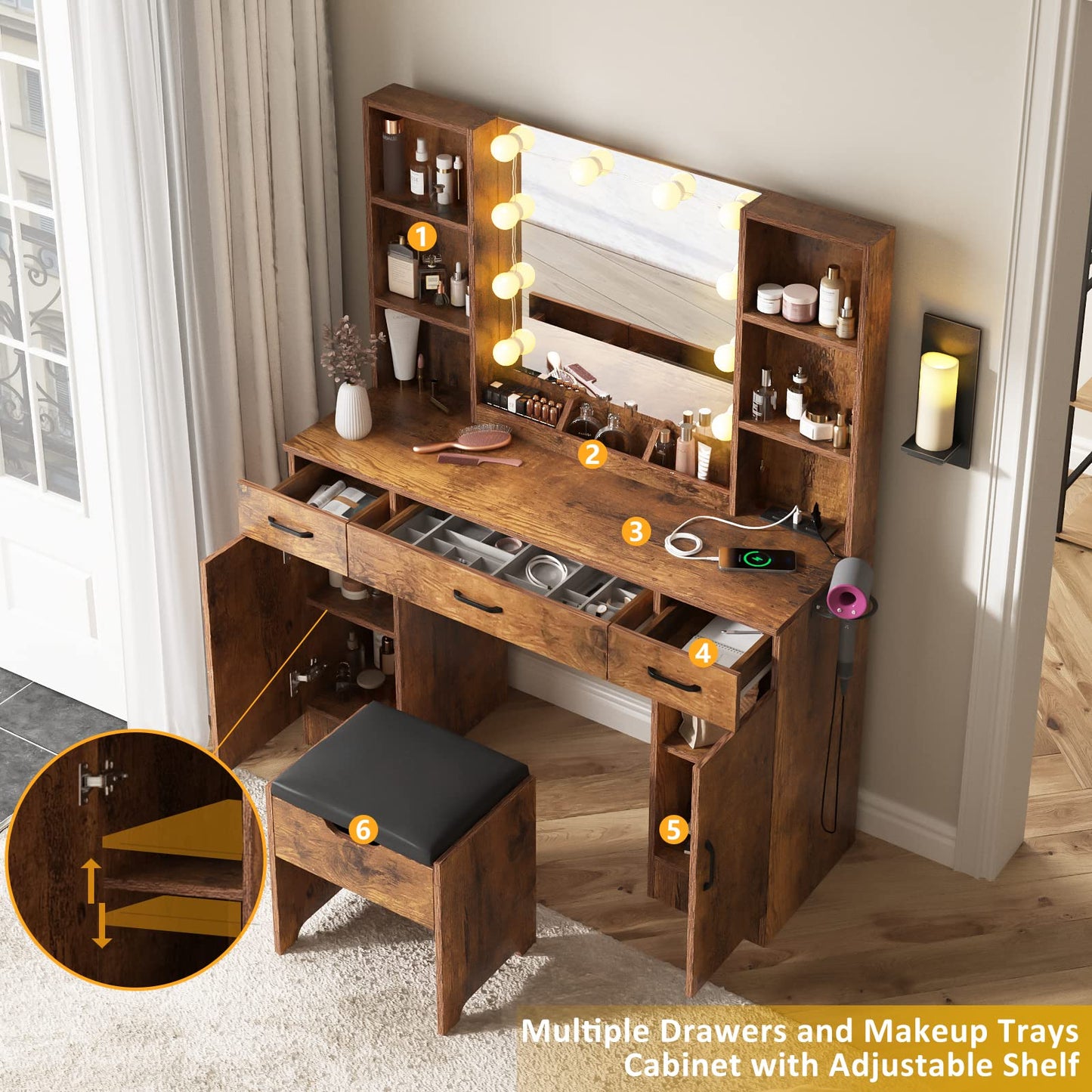 Vabches Makeup Vanity Table with Lighted Mirror & Power Strip, Large Vanity Set Vanity Desk with Lots Storage, 3 Lighting Modes, Brightness