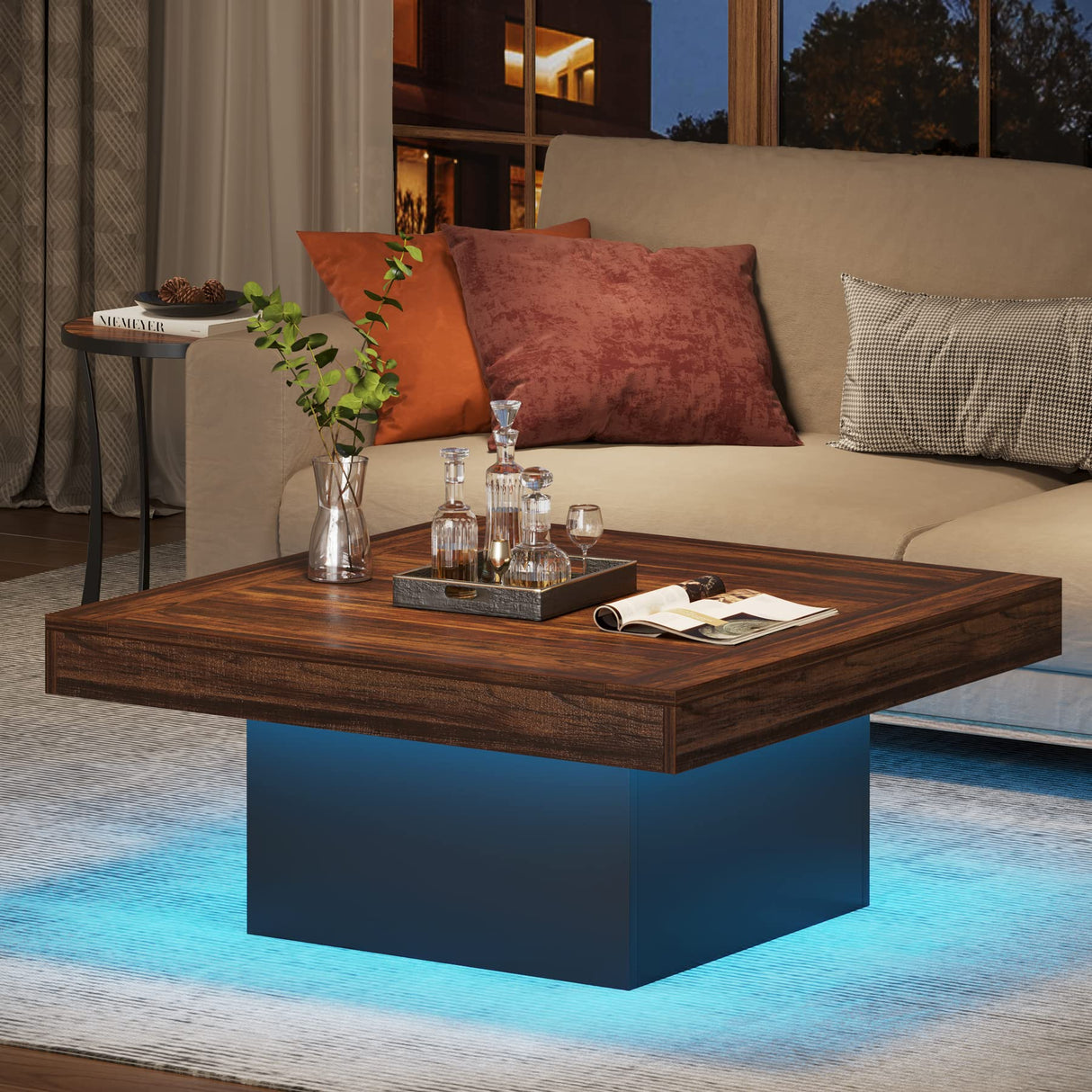 Tribesigns Coffee Table Square LED Coffee Table Engineered Wood Low Coffee Table for Living Room Rustic Brown & Black Tribesigns