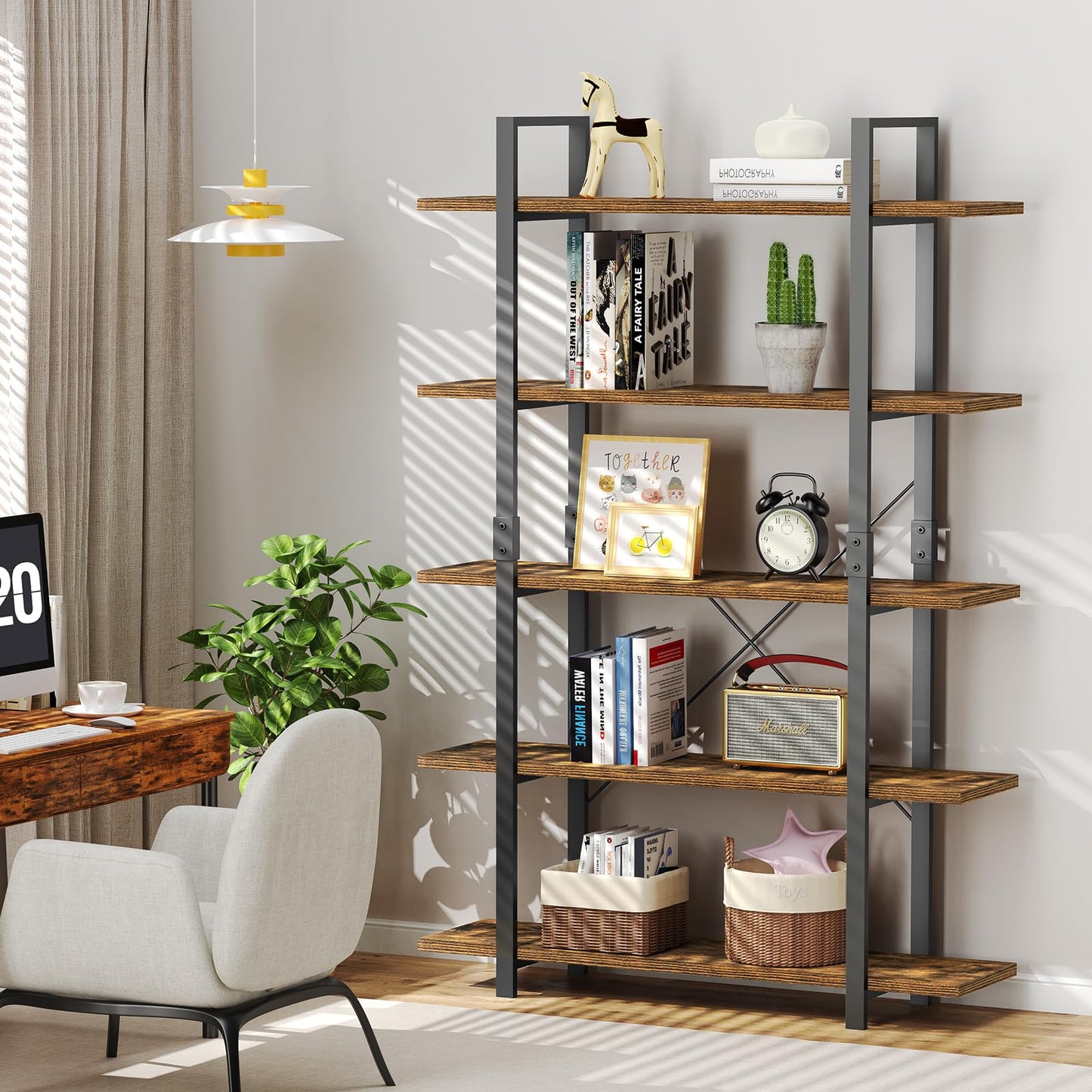 FRAPOW 5 Tier Bookshelf, 70 inch Tall Solid Bookcase Industrial Wooden Bookshelves Large Wall Etagere Rustic Vintage Book Shelf with Metal Frame Open