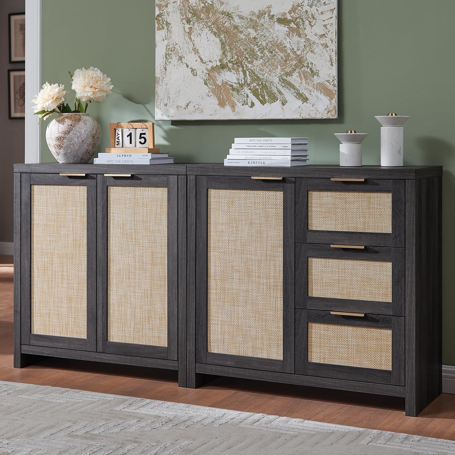 OAKHAM HOME Hampstead Storage Cabinet Set, Rattan Sideboard Buffet Cabinet with 3 Doors and 3 Drawers, 65.4" Large Kitchen Cabinet Console Cabinet - WoodArtSupply