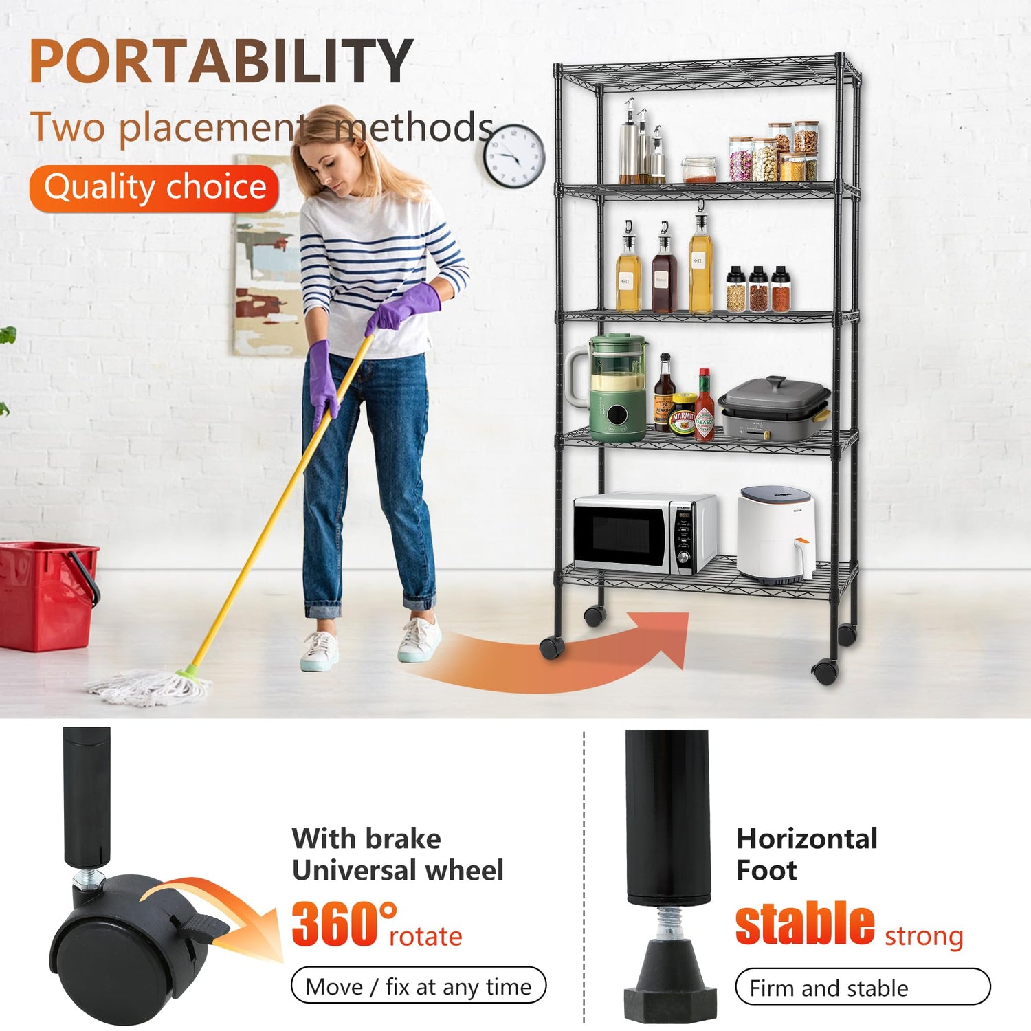 FDW Adjustable 5-Tier Metal Shelf with Wheels, 250 lbs Capacity, Easy Assembly, Ideal for Small Spaces FDW