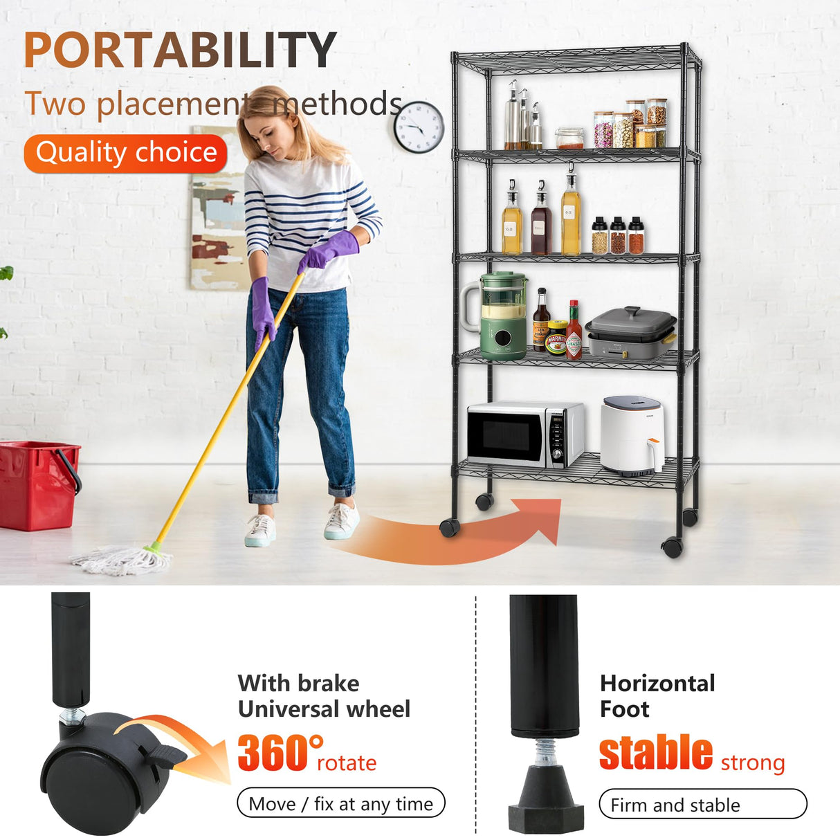 FDW Adjustable 5-Tier Metal Shelf with Wheels, 250 lbs Capacity, Easy Assembly, Ideal for Small Spaces FDW