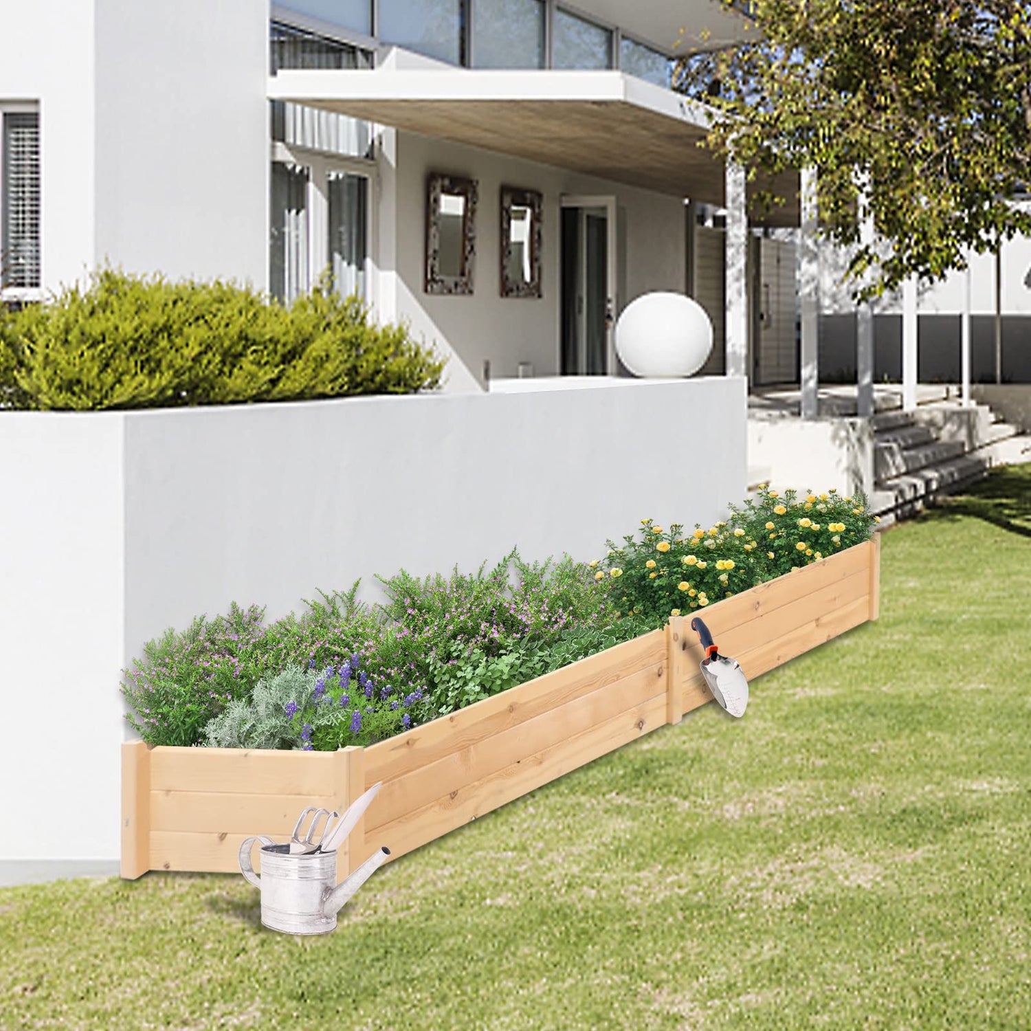 Crownland Outdoor Gardens 8 ft Raised Garden Bed Wooden Patio Raised Beds Backyard Elevated Planter Box Grow Vegetables Fruits Herb Yard Fast Easy Crownland