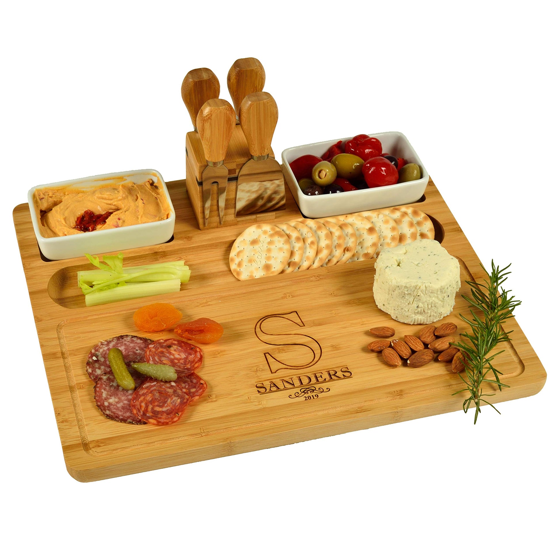 Custom Personalized Engraved Bamboo Cheese/Charcuterie Cutting Board with Ceramic Bowls, Cheese Tools & Cheese Markers-Designed & Quality Checked in - WoodArtSupply