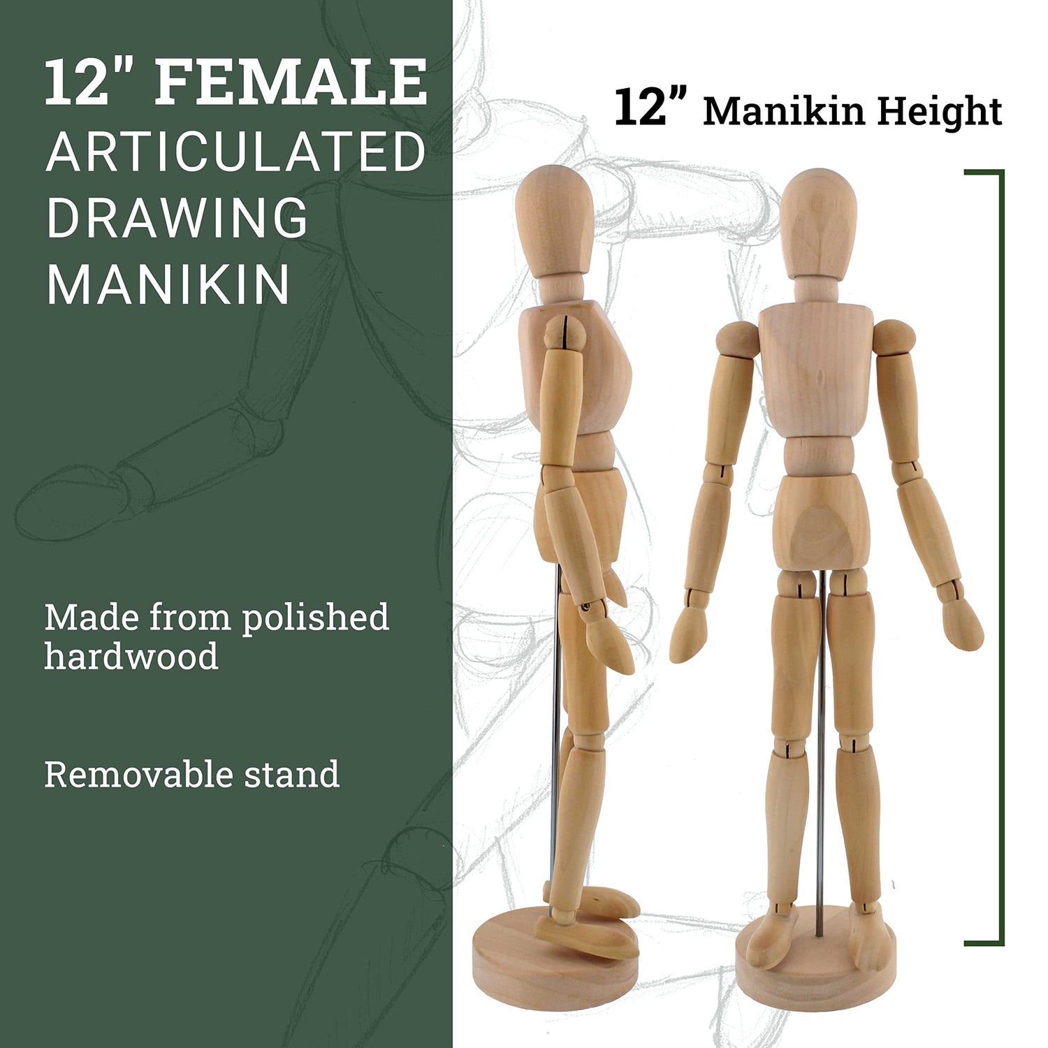US Art Supply® Wood 12" Artist Drawing Manikin Articulated Mannequin with Base and Flexible Body - Perfect for Drawing The Human Figure (12" Female) US Art Supply