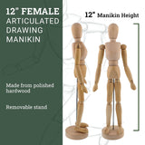 US Art Supply® Wood 12" Artist Drawing Manikin Articulated Mannequin with Base and Flexible Body - Perfect for Drawing The Human Figure (12" Female) US Art Supply