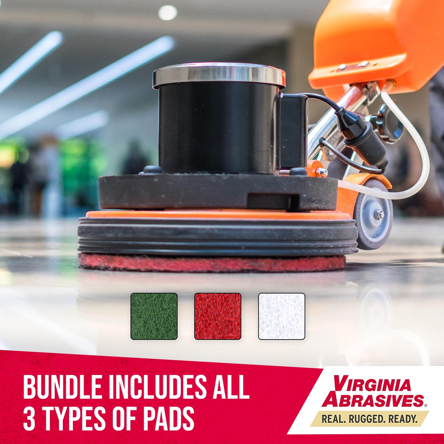 Virginia Abrasives 416-5017PAK - 3 Pack - 17" Thick Round Floor Maintenance Pad Kit with One Each: Green, Red & White Pad - Synthetic Non-Woven Floor Virginia Abrasives