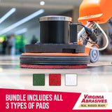 Virginia Abrasives 416-5017PAK - 3 Pack - 17" Thick Round Floor Maintenance Pad Kit with One Each: Green, Red & White Pad - Synthetic Non-Woven Floor Virginia Abrasives