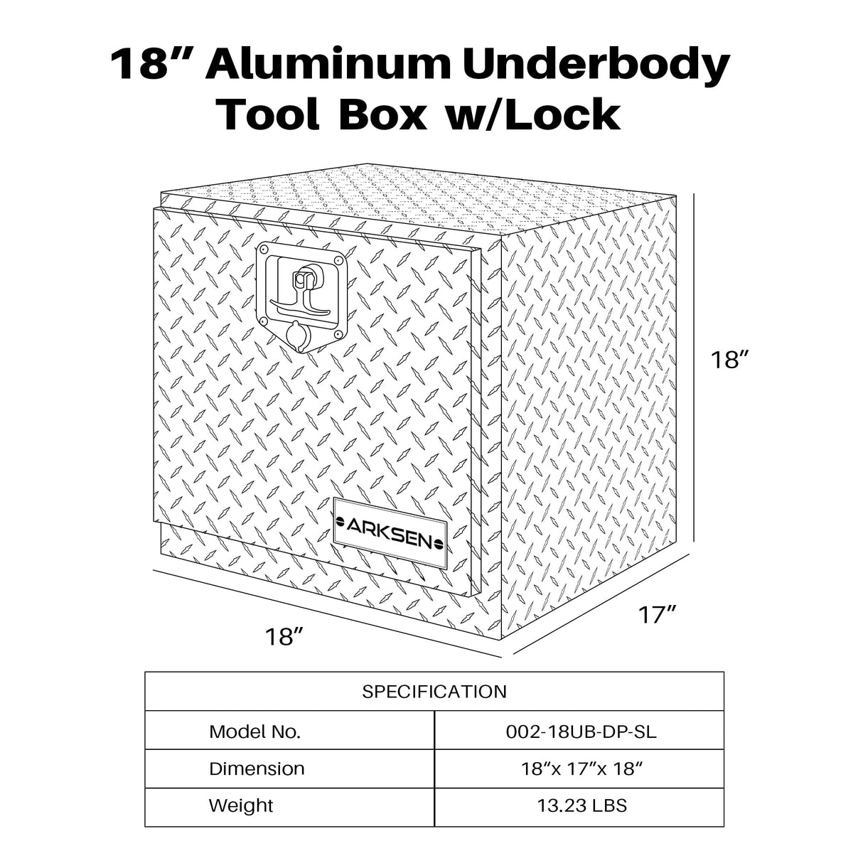 ARKSEN 18 Inch Heavy Duty Aluminum Diamond Plate Tool Underbody Box, Waterproof Square Truck Storage Organizer Chest for Pick Up Truck Bed, RV ARKSEN