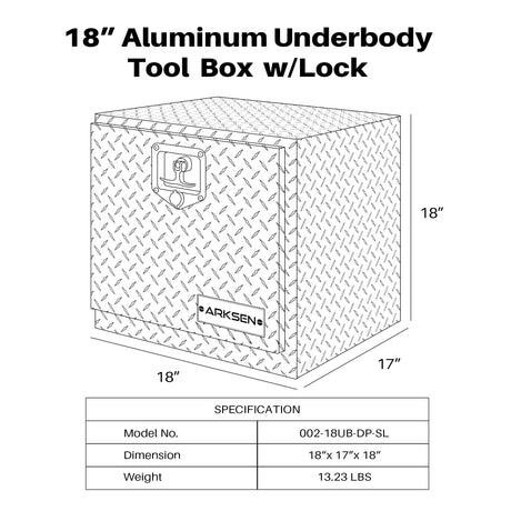 ARKSEN 18 Inch Heavy Duty Aluminum Diamond Plate Tool Underbody Box, Waterproof Square Truck Storage Organizer Chest for Pick Up Truck Bed, RV ARKSEN
