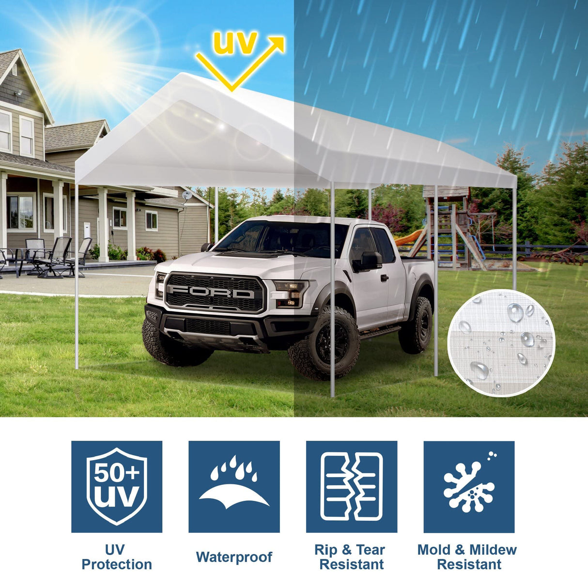 TGEHAP 12'x20' Carport Replacement Canopy Cover for Tent Car Garage Shelter Top Tarp Cover with Ball Bungees (Only Only Top Cover, Frame is not TGEHAP