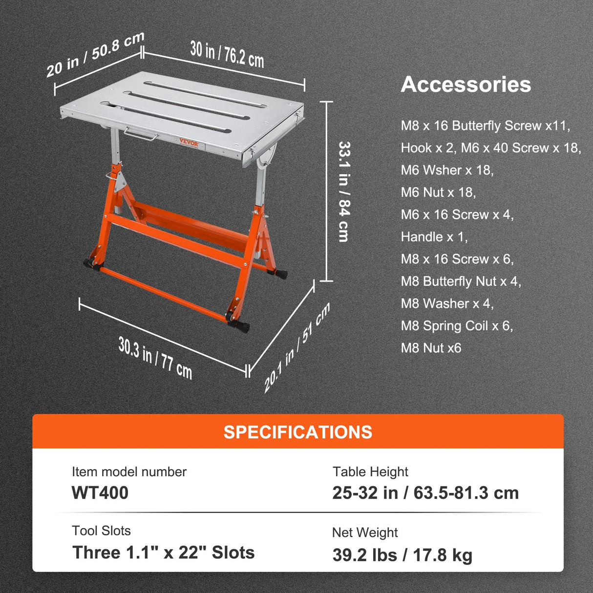 VEVOR Welding Table 30"x20", 400lbs Load Capacity Steel Welding Workbench Table on Wheels, Folding Work Bench with Three 1.1" Slot, 3 Tilt Angles, VEVOR