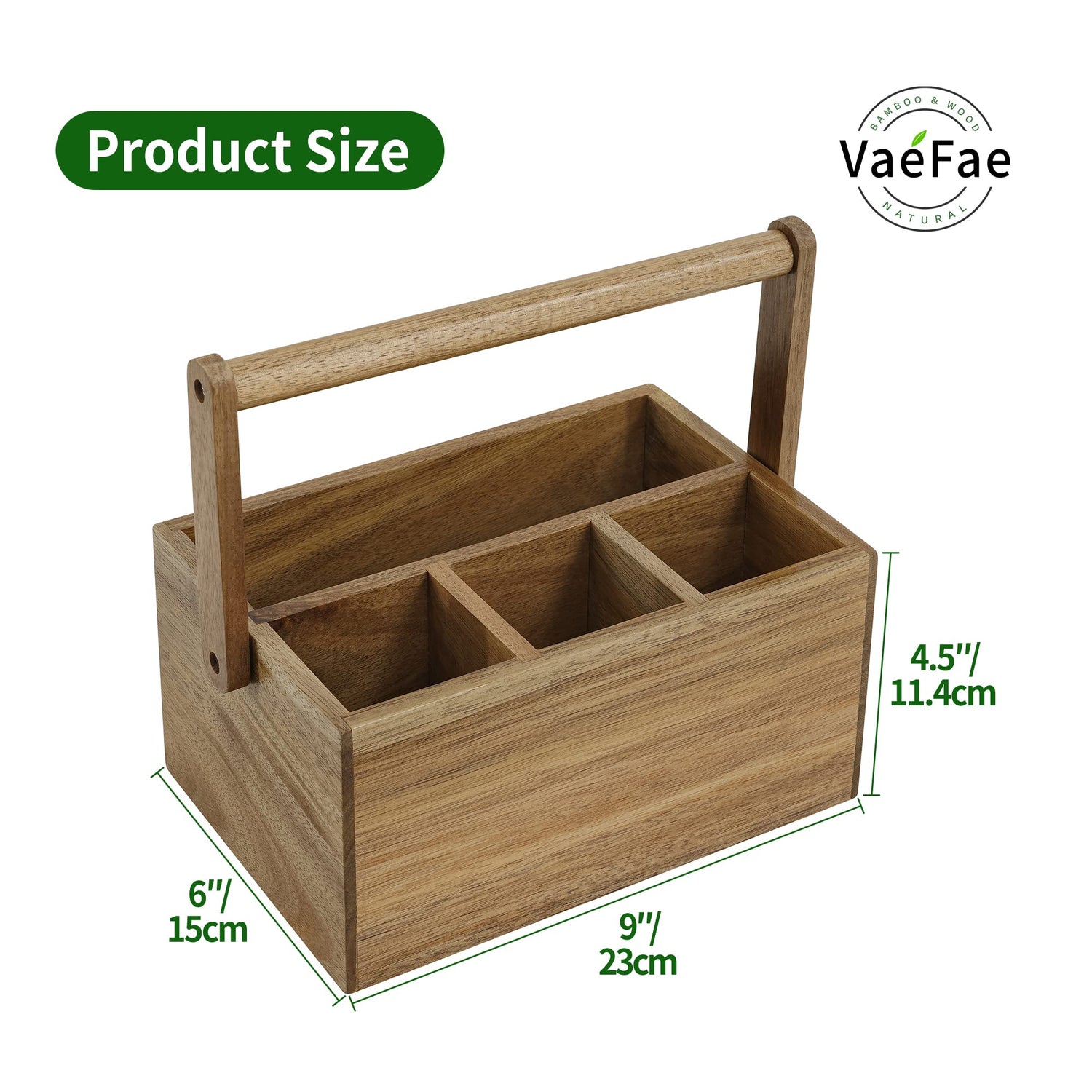 VaeFae Acacia Silverware Caddy with Handle, Wooden Utensil Holder, Mulip-pose Organizer for Kitchen, Office, Bathroom, Bedroom VaeFae