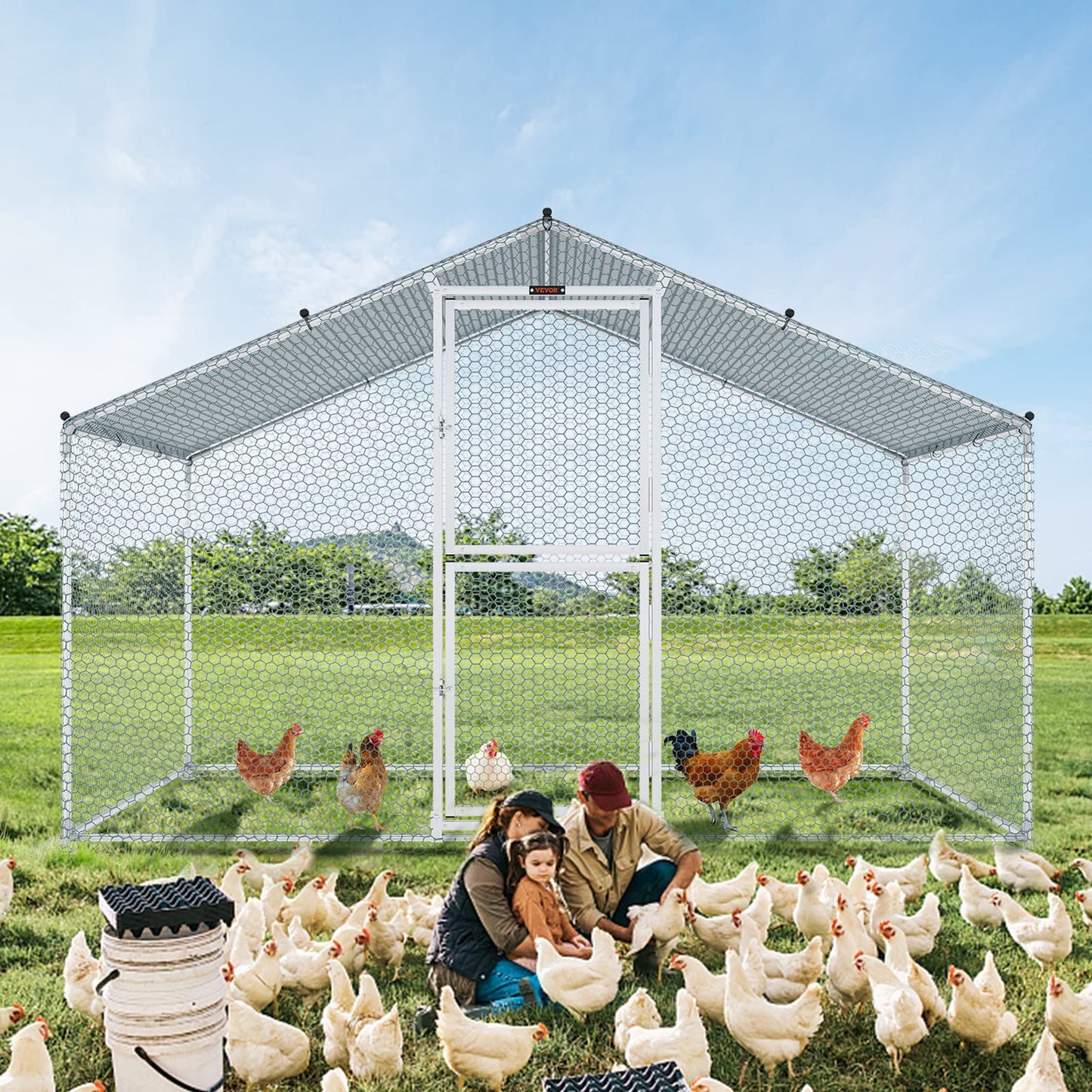 VEVOR Large Metal Chicken Coop with Run, Walkin Poultry Cage for Yard with Waterproof Cover, 6.6 x 9.8 x 6.6 ft Peaked Roof for Hen House, Duck and