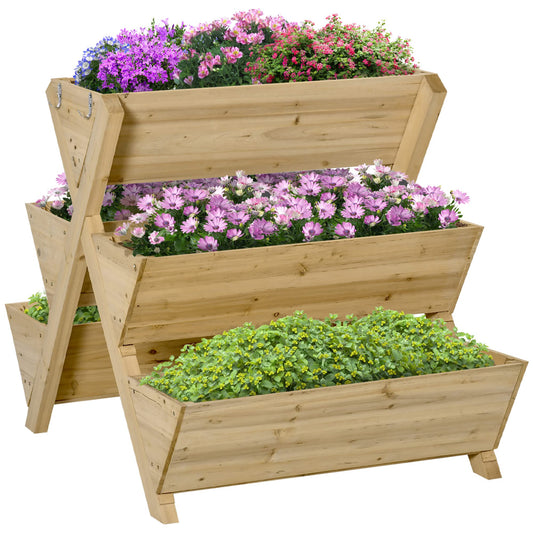 Outsunny 3-Tiers Vertical Raised Garden Bed, Wooden Planter Stand with 5 Elevated Planter Boxes and 4 Hooks, for Herbs, Flowers, or Vegetables in