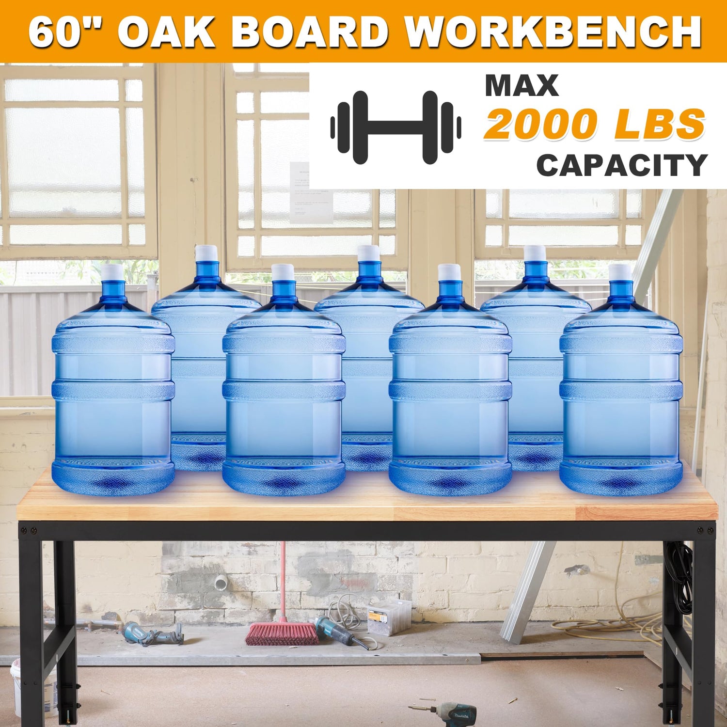 HABUTWAY Height Adjustable Workbench 60“ 2000 Lbs Capacity Oak Wood Work Station Heavy-Duty Work Benches with Power Outlets for Garage Party Shop HABUTWAY