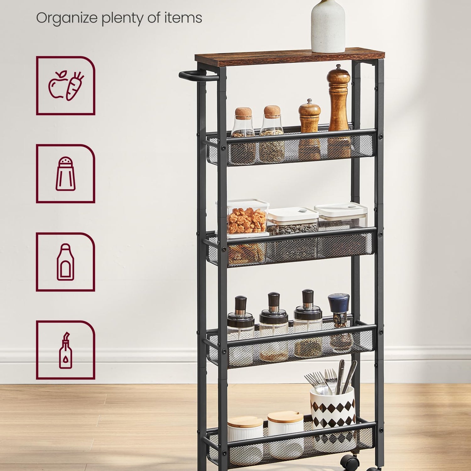 VASAGLE Slim Rolling Cart, 5-Tier Storage Cart, Narrow Cart with Handle, 5.1 Inches Deep, Metal Frame, for Kitchen, Dining Room, Living Room, Home VASAGLE
