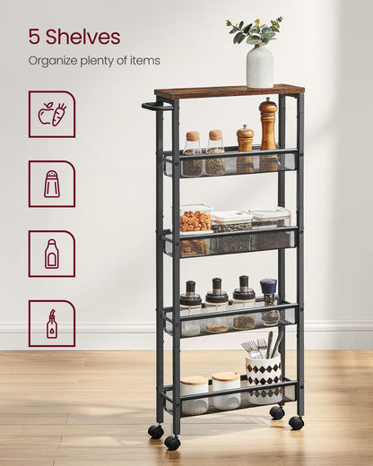 VASAGLE Slim Rolling Cart, 5-Tier Storage Cart, Narrow Cart with Handle, 5.1 Inches Deep, Metal Frame, for Kitchen, Dining Room, Living Room, Home - WoodArtSupply