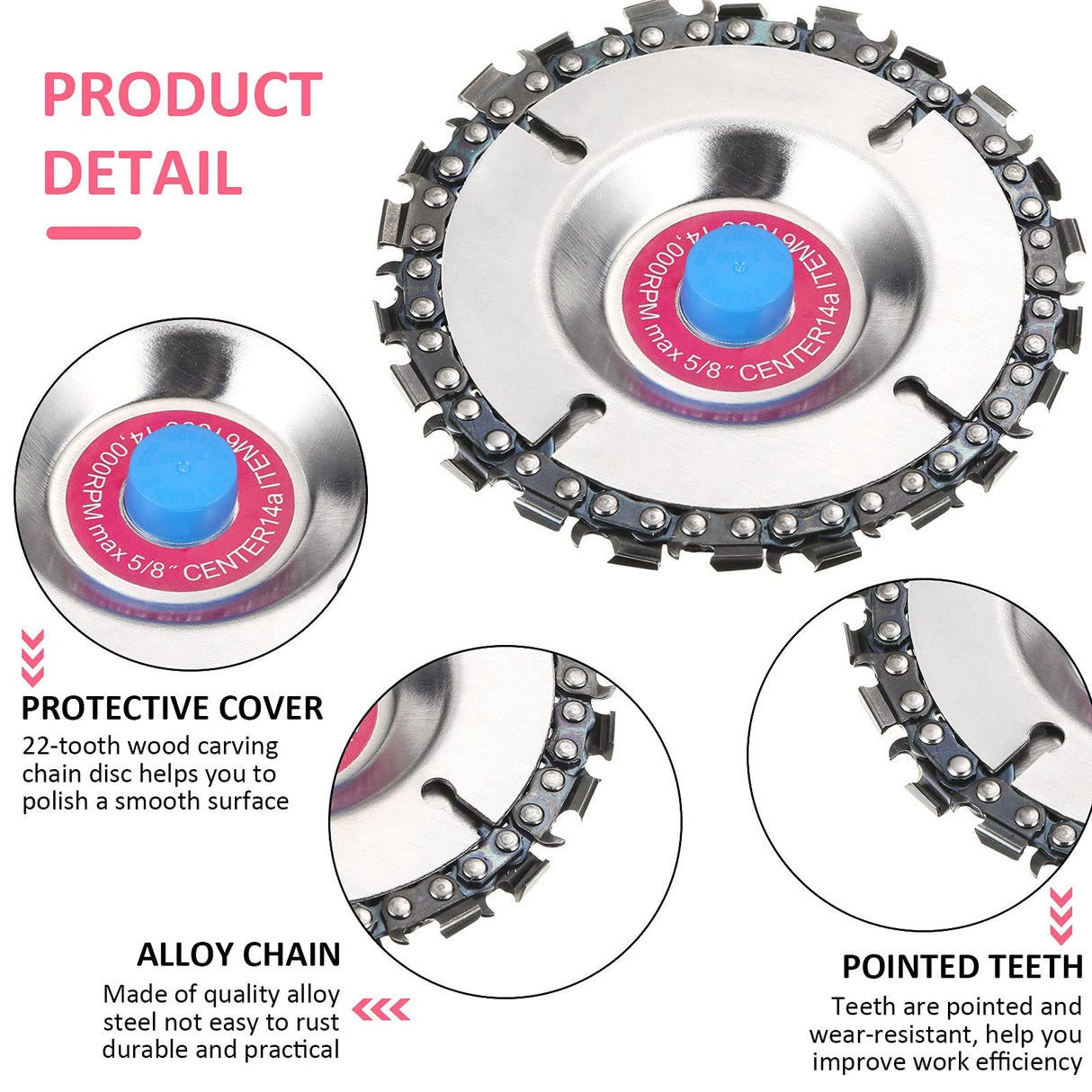 3 Pieces 5/8 Inch Wood Carving Chain Disc 4 Inch 22 Teeth Saw Blade Grinder Wood Carving Disc for 4 Inch/ 4-1/2 Inch Angle Grinder Grinding Shaping Honoson