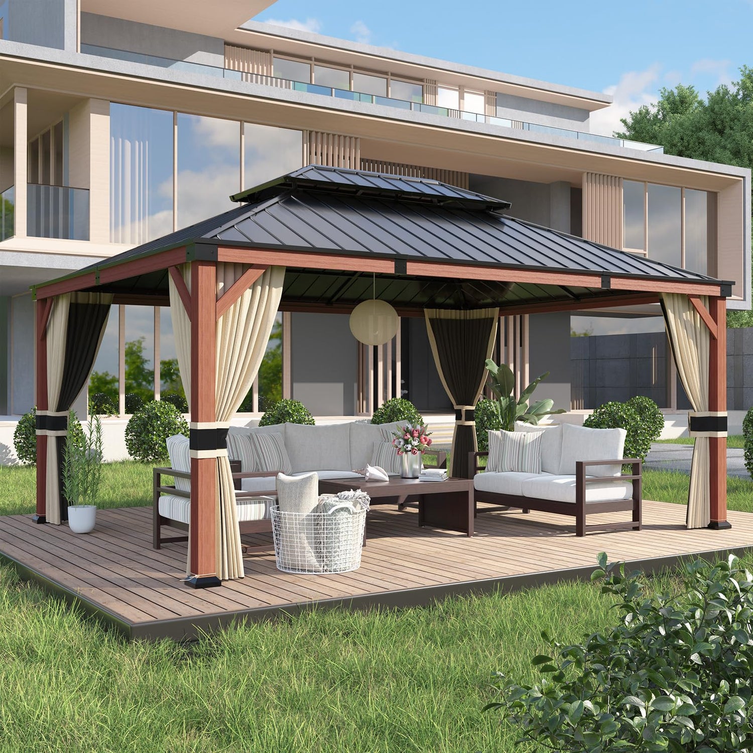 VONZOY Hardtop Gazebo 12x16, Wooden Coated Outdoor Gazebo with Galvanized Steel Double Roof, Aluminum Frame Pavilion, Pergola for Patio Lawn, VONZOY