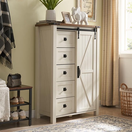T4TREAM 5 Drawers Dresser for Bedroom w/Sliding Barn Door, Farmhouse Modern Tall Dresser 5 Chest of Drawers, Storage Organizer Dresser for Bedroom, T4TREAM