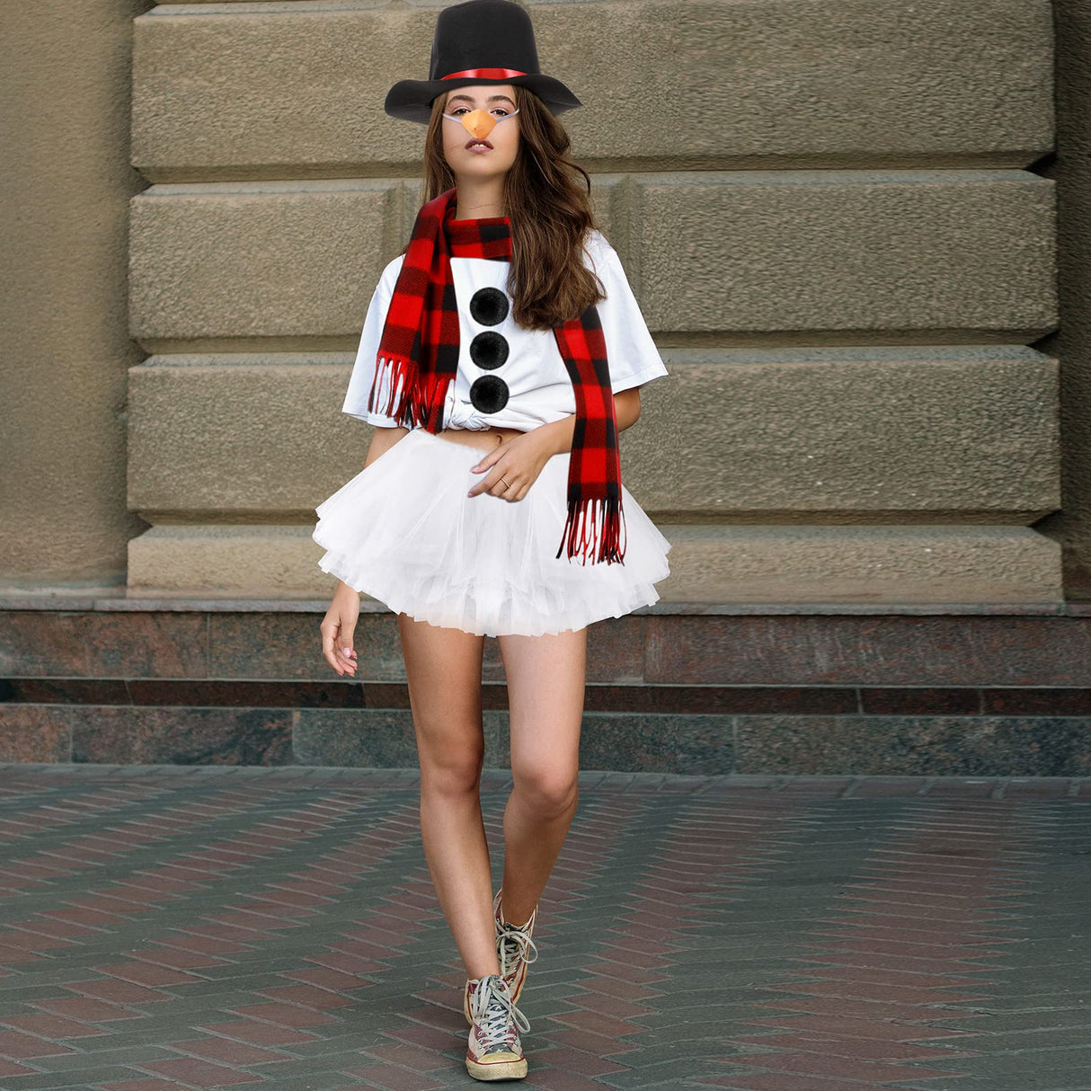 Haysandy 7 Pcs Adult Kid Snowman Christmas Costume Kit, Snowman Hat Carrot Nose Scarf White 5 Layers Tutu Skirt 3 Balls(Plaid, Adult Size) Haysandy