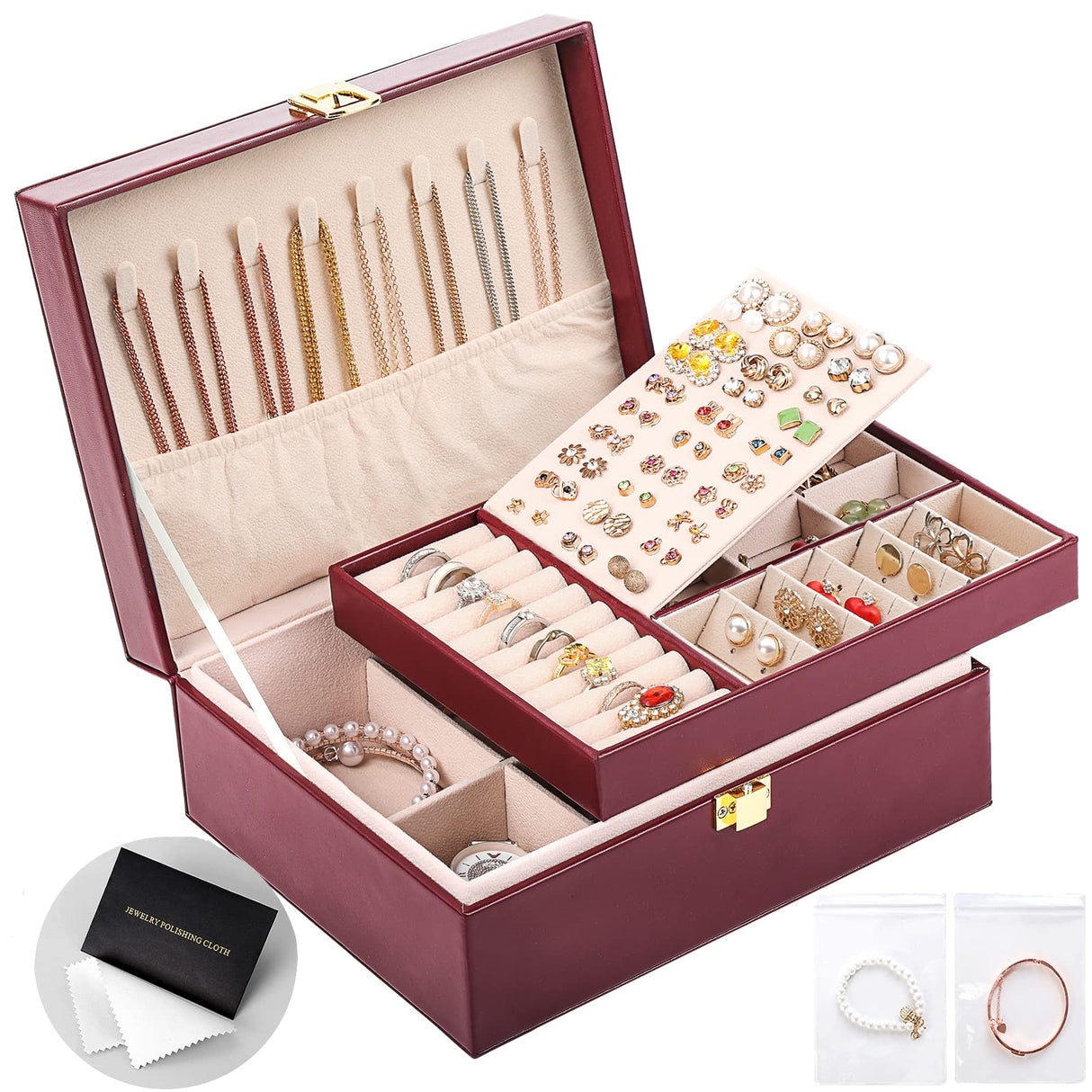 Sanikeon Jewelry Boxes for Women Girls PU Leather Jewelry Organizer Box 2 Layer Large Jewelry Storage Case Removable Tray for Necklace Earring Ring Sanikeon