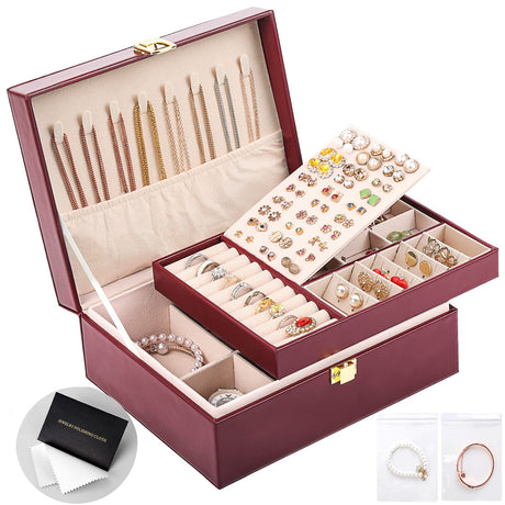Sanikeon Jewelry Boxes for Women Girls PU Leather Jewelry Organizer Box 2 Layer Large Jewelry Storage Case Removable Tray for Necklace Earring Ring Sanikeon
