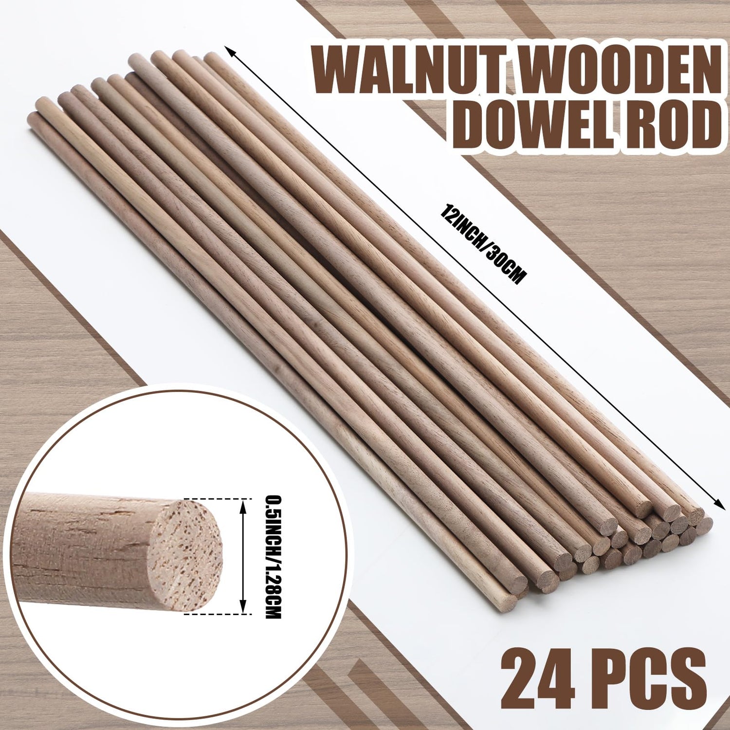 Wenqik 24 Pcs Wooden Dowel Rods Walnut Dowel Rod Sticks Wooden Dowels for Crafts Wooden Stick Round Dowels for Woodworking Unfinished Wood for Wenqik