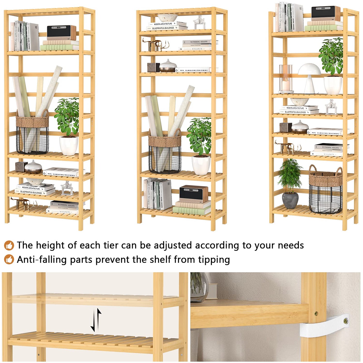 Homykic 6-Tier Bamboo Bookcase - Adjustable Free Standing Storage Shelf for Home and Office Homykic