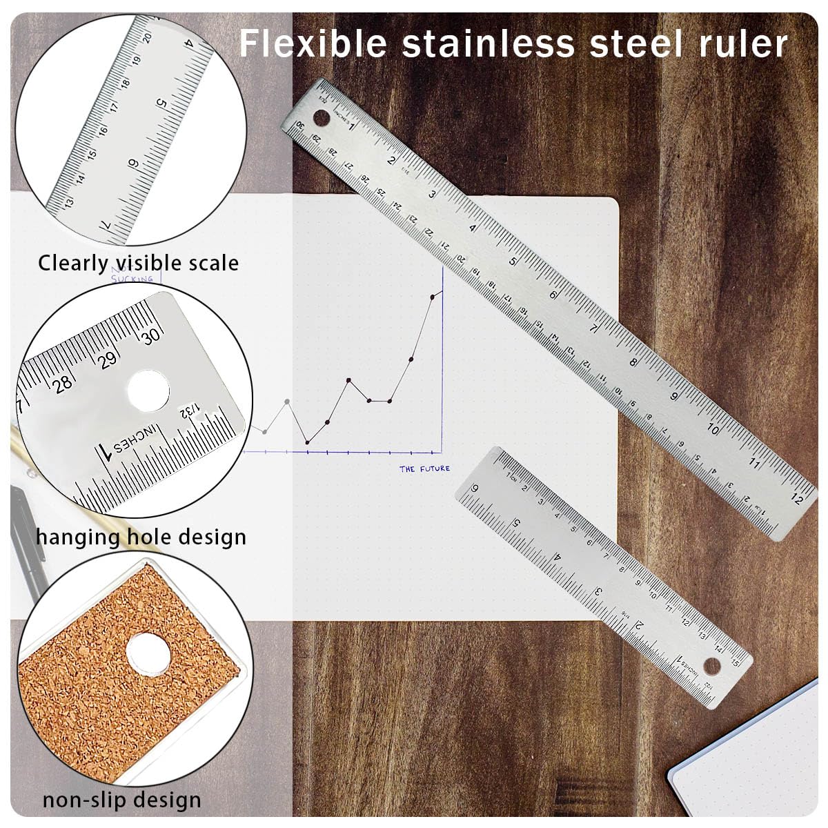 Metal Ruler 6 Inch 12 Inch Stainless Steel Metal Ruler with Cork Backing, Non-Slip Rulers with Inch and Centimeters, Straight Edge Cork Base Rulers HZMM