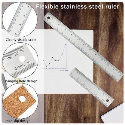 Metal Ruler 6 Inch 12 Inch Stainless Steel Metal Ruler with Cork Backing, Non-Slip Rulers with Inch and Centimeters, Straight Edge Cork Base Rulers - WoodArtSupply