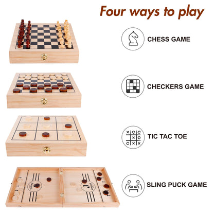 Juegoal 4-in-1 Wooden Fast Sling Puck Set for Kids and Adults, Chess, Checkers, Tic Tac Toe Games, Travel Portable Folding Tabletop Chess Board Game - WoodArtSupply