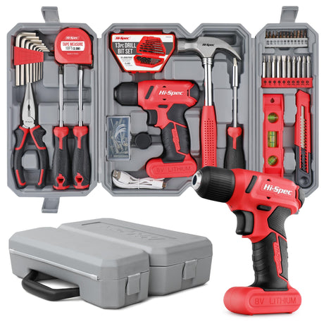 Hi-Spec 58pc Red 8V Electric Drill Driver & Household Tool Kit Set. A DIY Cordless Power Screwdriver Hi-Spec