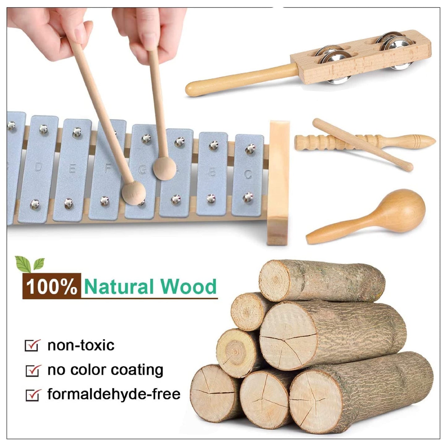 LOOIKOOS Toddler Musical Instruments, Eco Friendly Musical Set for Kids Preschool Educational, Natural Wooden Percussion Instruments Musical Toys for - WoodArtSupply