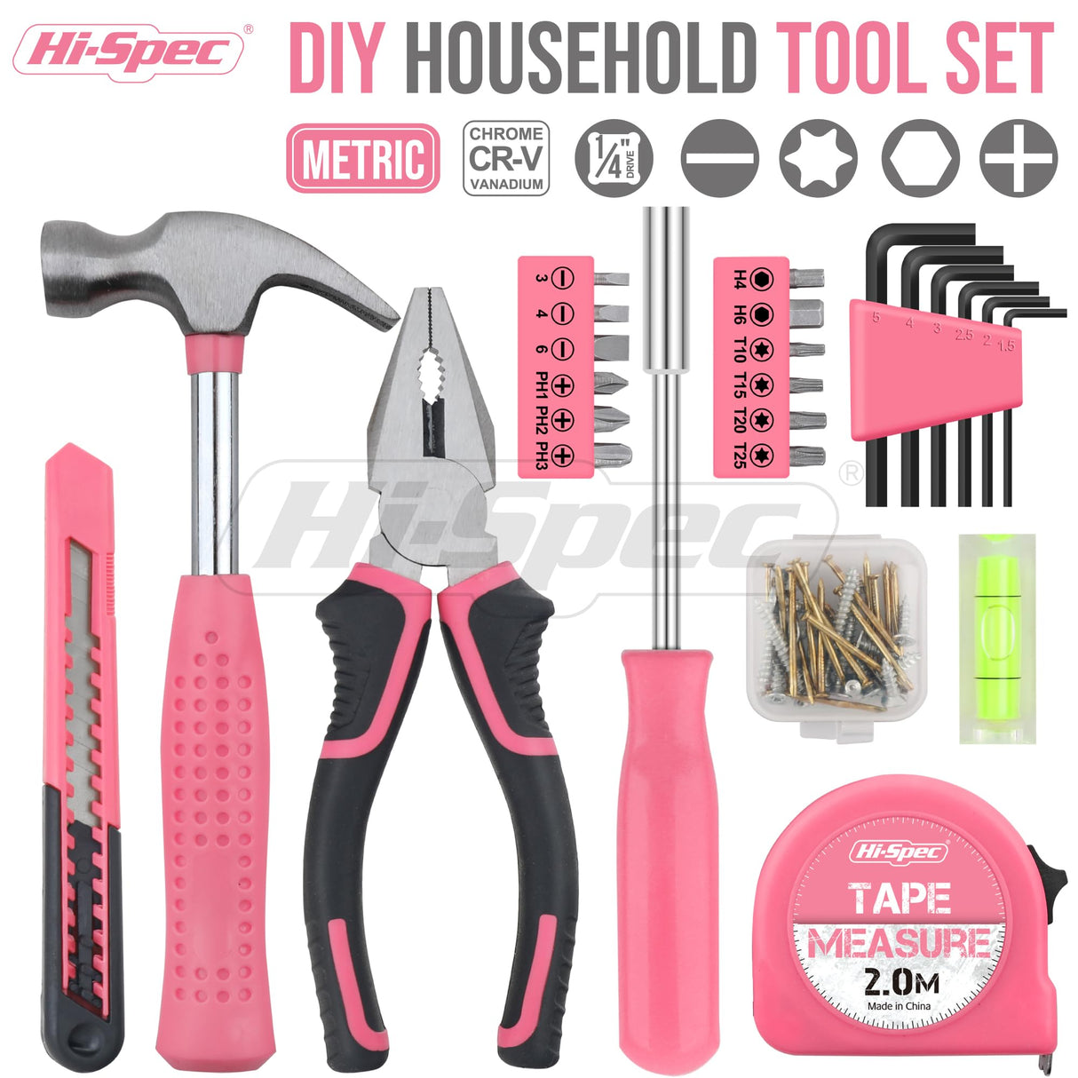 Hi-Spec 25pc Pink Household DIY Tool Kit for Women. Small Mini Tool Box Set of Starter Basic Ladies Tools For Home & Office Hi-Spec