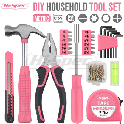 Hi-Spec 25pc Pink Household DIY Tool Kit for Women. Small Mini Tool Box Set of Starter Basic Ladies Tools For Home & Office - WoodArtSupply