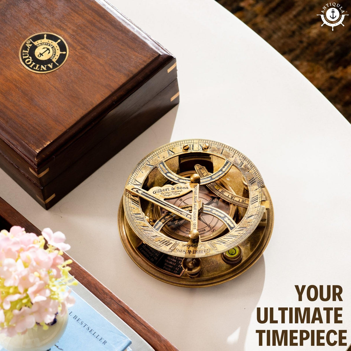 Antiqula 5 inch Large Sundial Compass with Wooden Rosewood Box, Perfectly Calibrated Steampunk Antique Brass Sundial Clock with Chart for Guidance, Antiqula