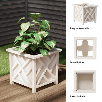 Pure Garden Lattice Design Planter Box 2-Pack – 14.75-Inch Decorative Outdoor Flower or Plant Pots – Front Porch, Patio, and Garden Decor (White)
