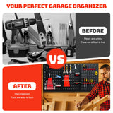 Goplus Pegboard Wall Organizer, 4ft Metal Garage Pegboard Tool Organizer w/3 Pegboards, Drill Bit Rack, Wrench Rack, Hooks Accessories, Wall-Mounted Goplus
