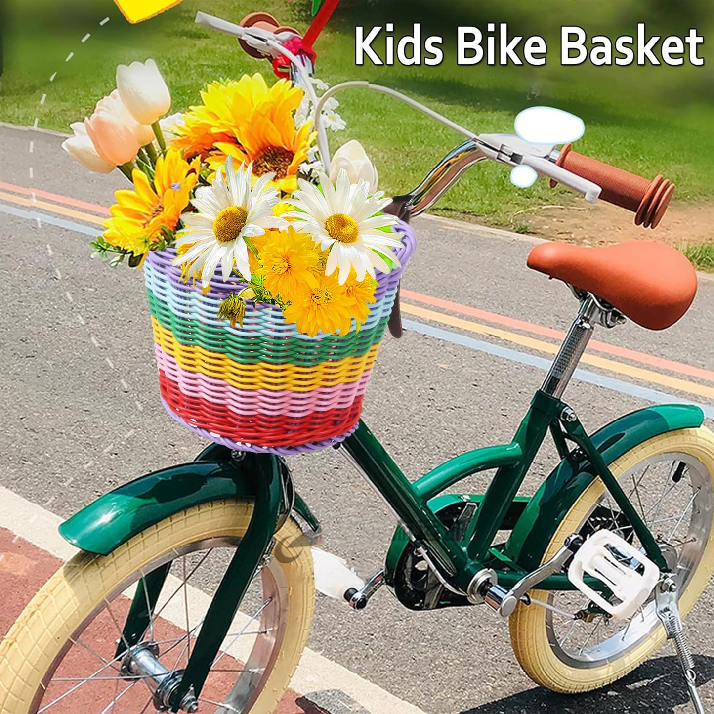 Bicycle Basket for Girls, Adjustable Front Handlebar Bike Basket with Bike Streamers Set Bell/Bicycle Windmill/Bicycle Wheel Beads DIY Bike - WoodArtSupply