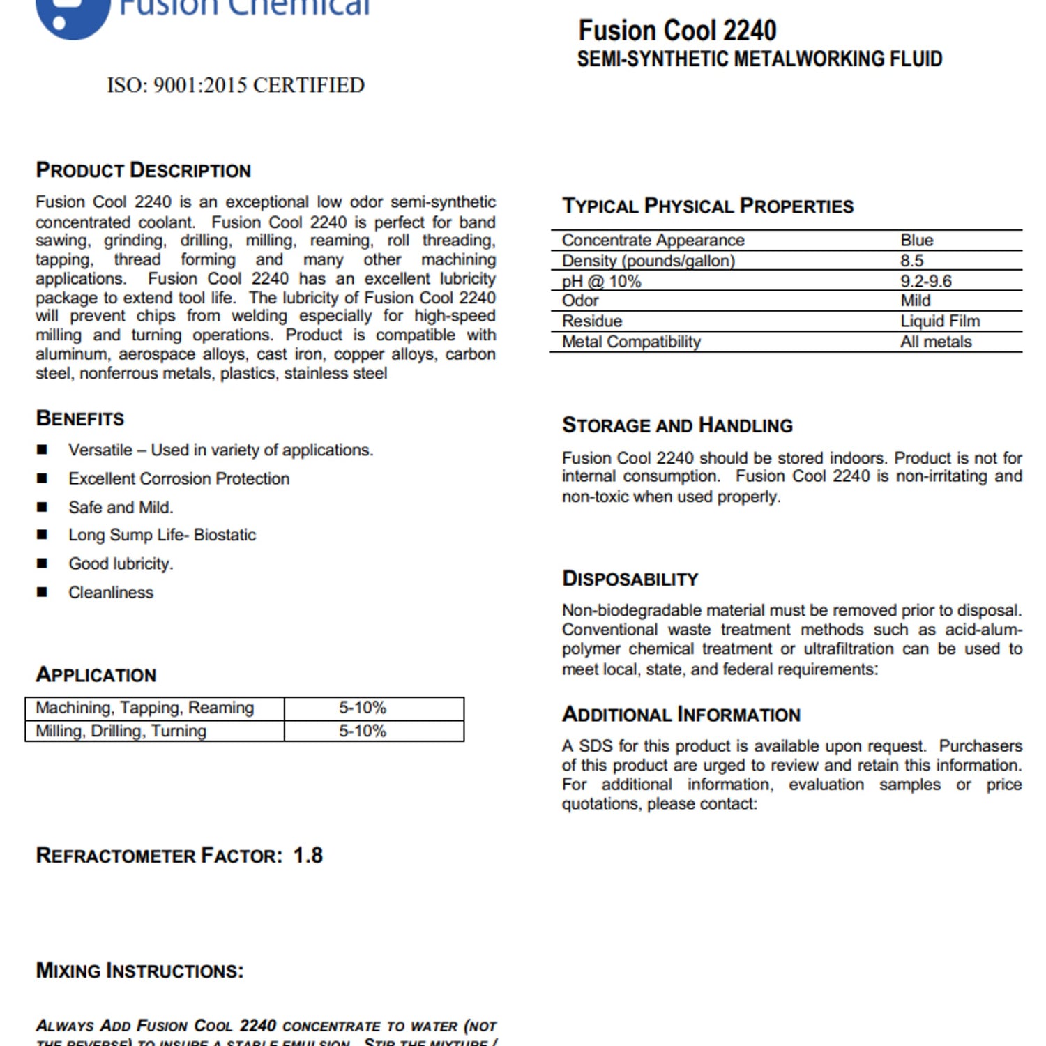 Machining and Grinding Fluid | Fusion Cool 2240 | General Purpose Coolant for Cutting and Grinding Machine Shop Operations | Semisynthetic (1 Gallon) Fusion Chemical